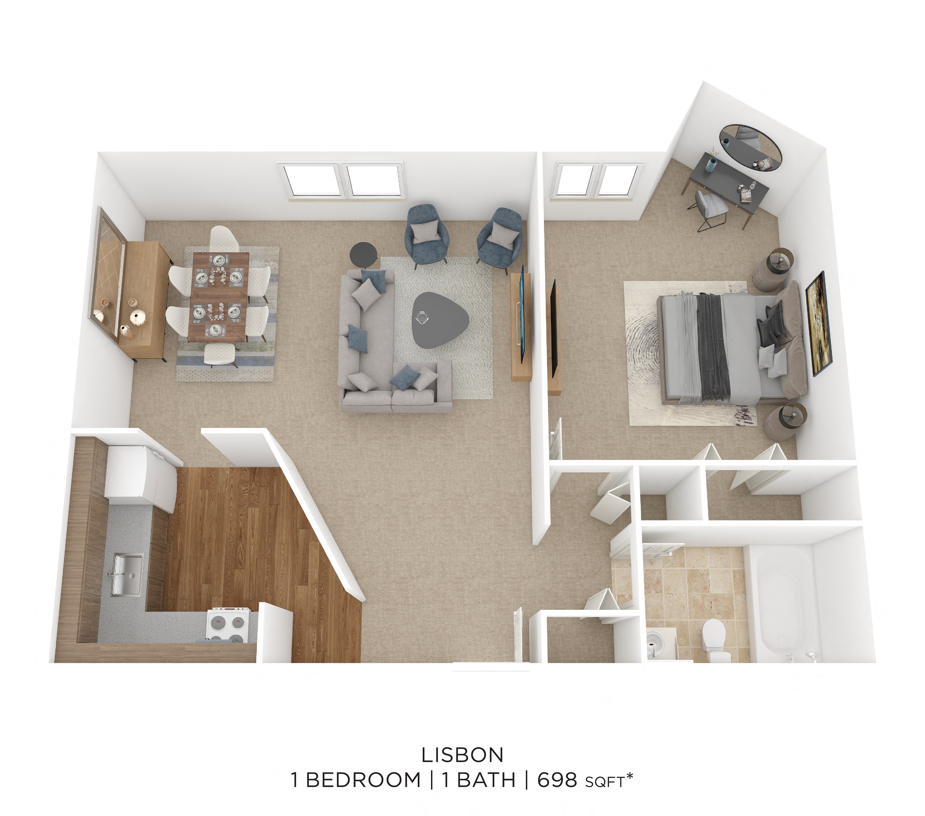 Floor plan for 1 bed, 1 bath, 698 sqft